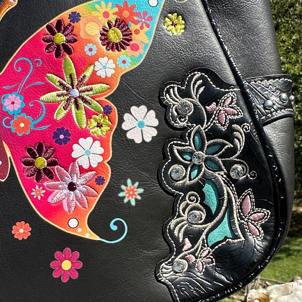 Floral Butterfly Embroidered Black Conceal Carry Handbag NWT. FLASH SALE! - Picture 8 of 13